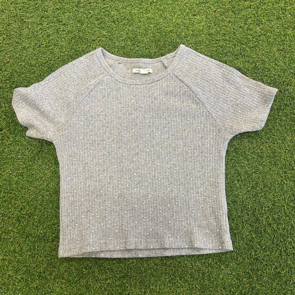 American Eagle Grey Ribbed Raglan Short Sleeve Floral Speckle Top Medium
